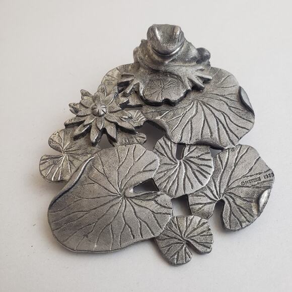 Vtg Metzke‎ 70s Pewter Frog on Lily Pad Lid, Pattern Glass Potpourri Trinket Jar - Picture 2 of 8